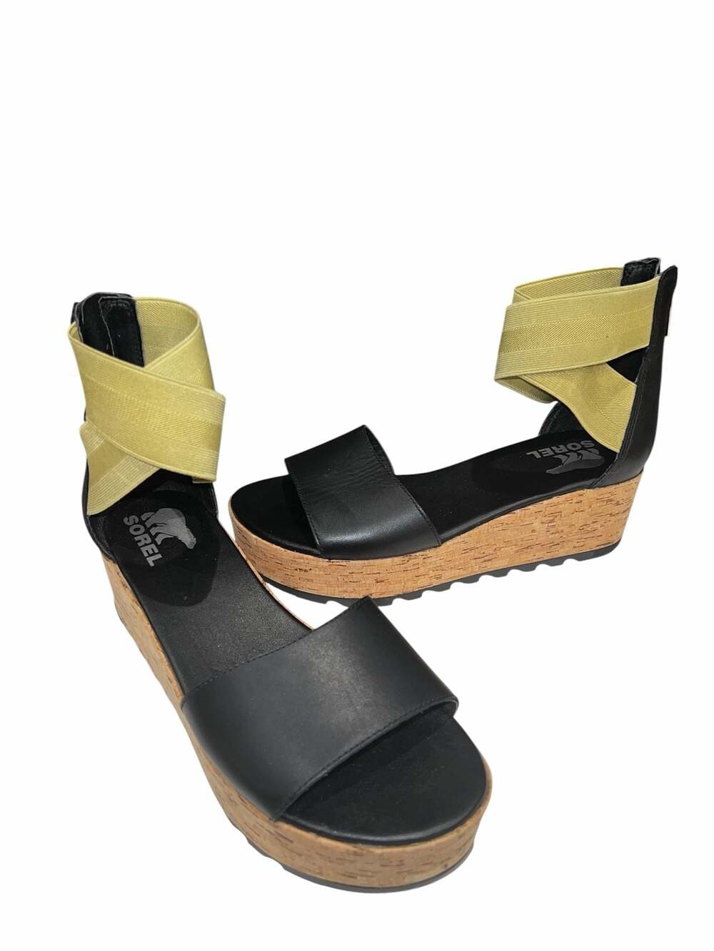 Sorel Womens Cameron Flatform Ankle Strap Wedge Sandals Black Olive Cork Size: 8